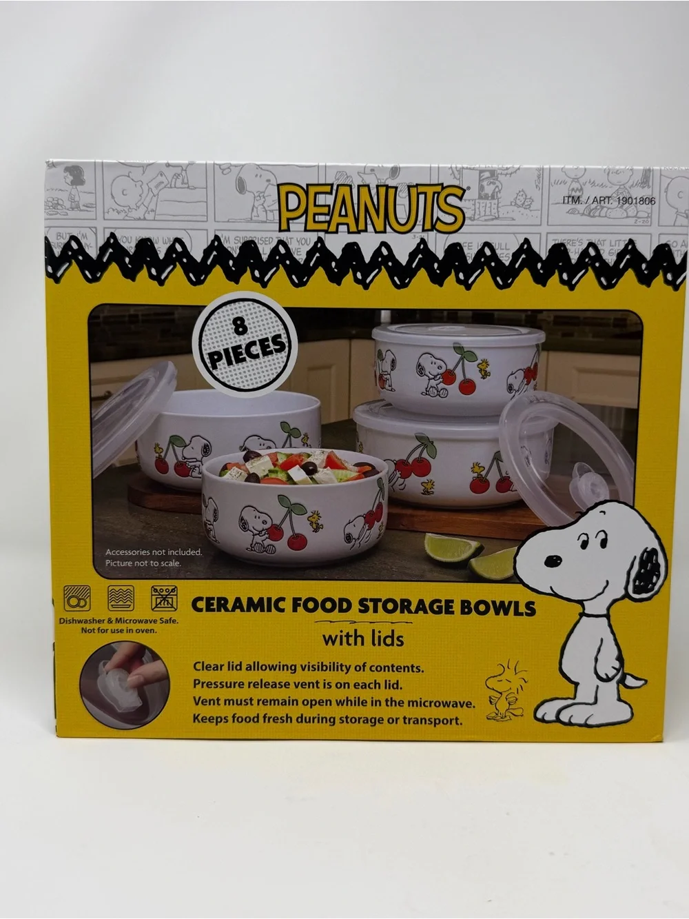 PEANUTS Snoopy Woodstock Ceramic Food Storage Bowls Vented Lids Set of 4 NWT